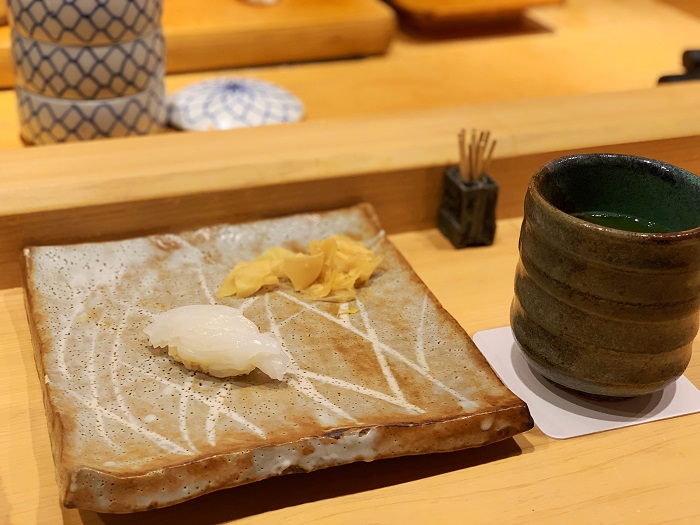 Ika Sushi (raw squid sushi) on a plate